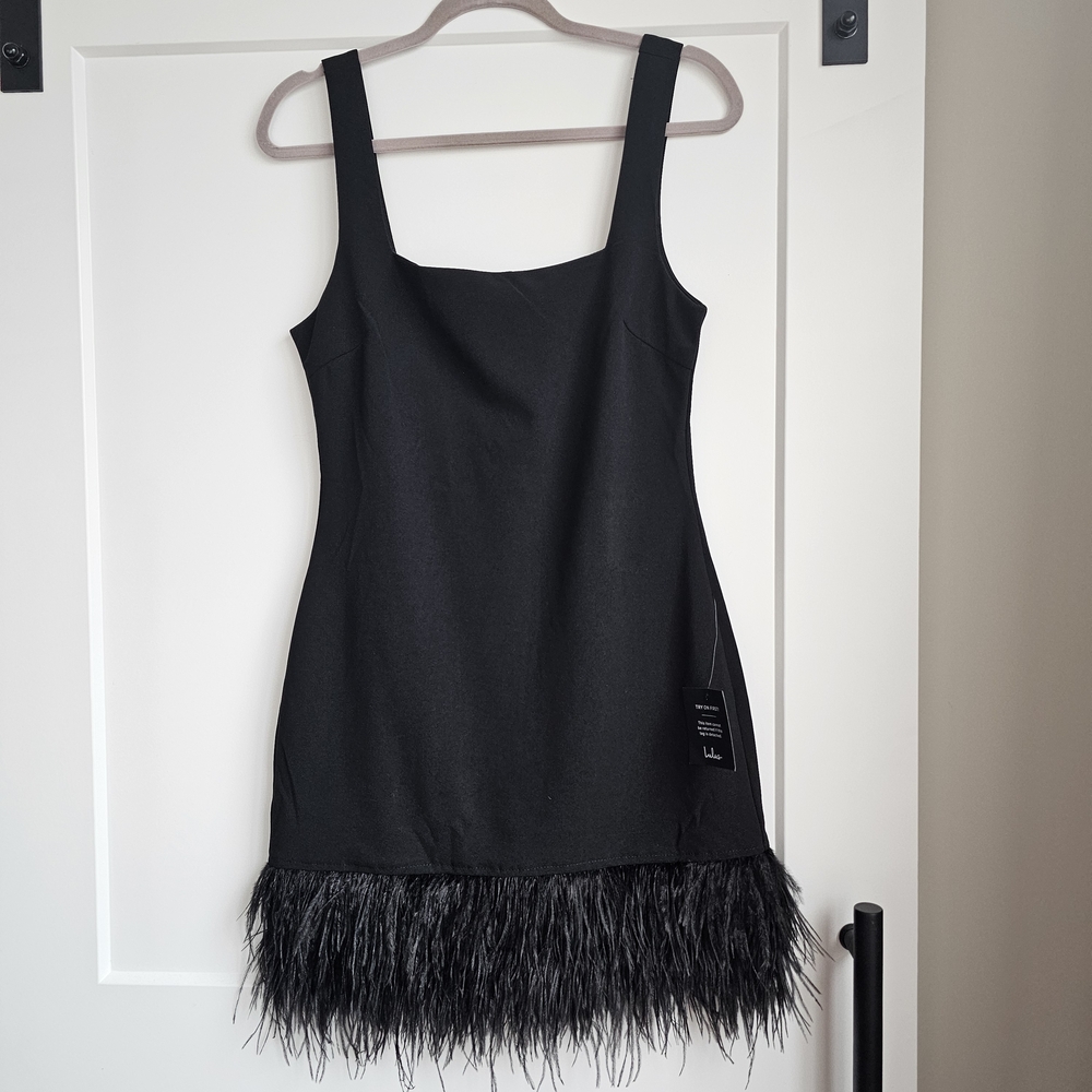 Lulu's Black Square Neck Feather Trim Mini Dress